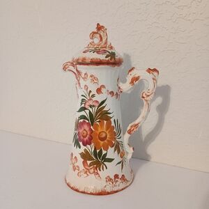 Vintage Italian Porcelain Pitcher Country Side Floral Lidded Hand Painted